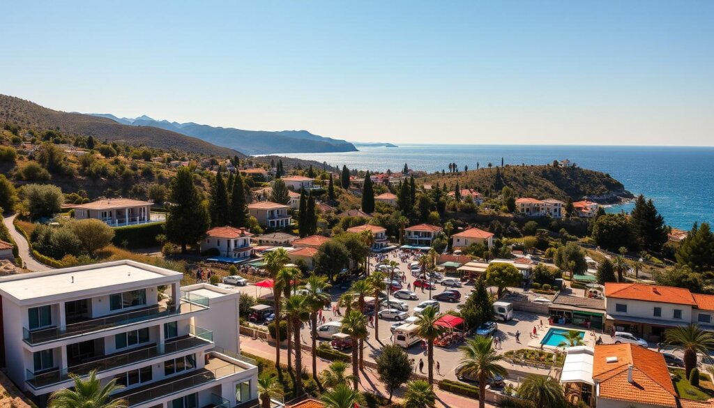A sun-drenched coastal town nestled along the Turkish Riviera, with picturesque villas, lush palm trees, and glistening turquoise waters. In the foreground, a modern luxury apartment complex overlooking the sparkling Aegean Sea. The middle ground features a bustling marketplace, where locals and tourists mingle, showcasing the vibrant local culture. In the background, rolling hills dotted with olive groves and pine forests provide a serene backdrop. Warm Mediterranean light bathes the scene, creating a sense of tranquility and potential for profitable real estate investments.