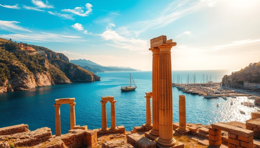 A sun-drenched coastal vista along the Mediterranean, featuring ancient ruins nestled between towering cliffs and crystal-clear waters. In the foreground, weathered columns and crumbling stone structures from bygone eras stand as silent witnesses to the passage of time. The middle ground showcases a picturesque harbor, with traditional fishing boats bobbing gently on the gently lapping waves. In the distance, the hazy silhouettes of distant mountains rise against a vibrant azure sky, their slopes cloaked in lush, verdant foliage. Warm, golden light filters through wispy clouds, casting a soft, enchanting glow over the entire scene, evoking a sense of timeless beauty and historical significance.
