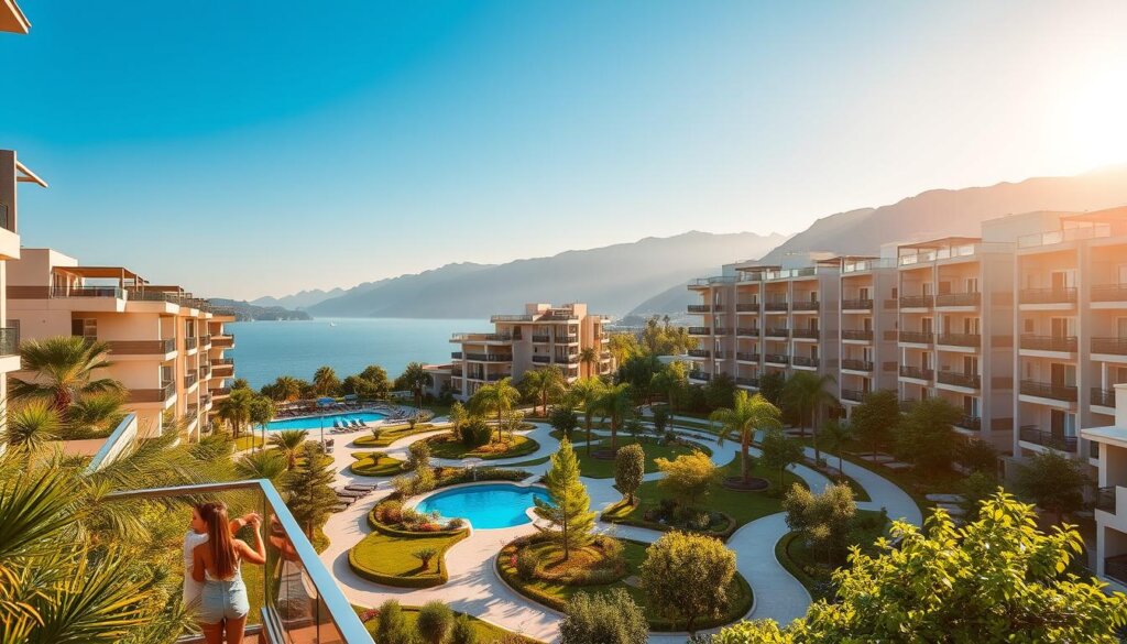 A sun-drenched, modern Antalya apartment complex nestled amidst lush greenery. In the foreground, a young family relaxes on a balcony, taking in the stunning Mediterranean vistas. The middle ground features beautifully landscaped courtyards with meandering pathways, inviting residents to stroll and mingle. In the background, the iconic Taurus Mountains rise majestically, creating a dramatic backdrop. Warm, ambient lighting casts a soft glow, accentuating the sleek, contemporary architecture and the vibrant, resort-like atmosphere. The scene exudes a harmonious blend of indoor-outdoor living, reflecting the diverse and appealing lifestyle options that Antalya's apartments offer.