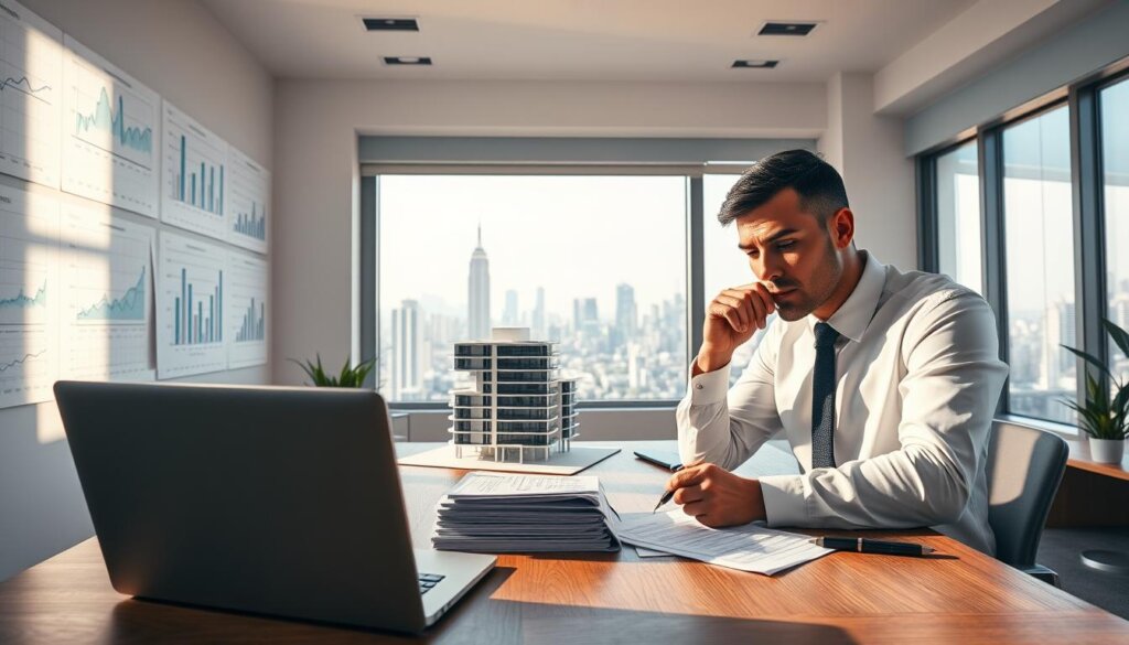 A sun-drenched office space, the walls adorned with financial charts and graphs. In the foreground, a wooden desk hosts a laptop, a stack of documents, and a thoughtful business person, pen in hand, deeply engaged in rental income planning strategies. The middle ground showcases a 3D model of a modern apartment building, its clean lines and sleek design hinting at investment potential. In the background, a panoramic window offers a sweeping view of a bustling city skyline, a testament to the growth and opportunities that await the savvy real estate investor. Soft, warm lighting bathes the scene, creating an atmosphere of focused deliberation and the promise of financial success.