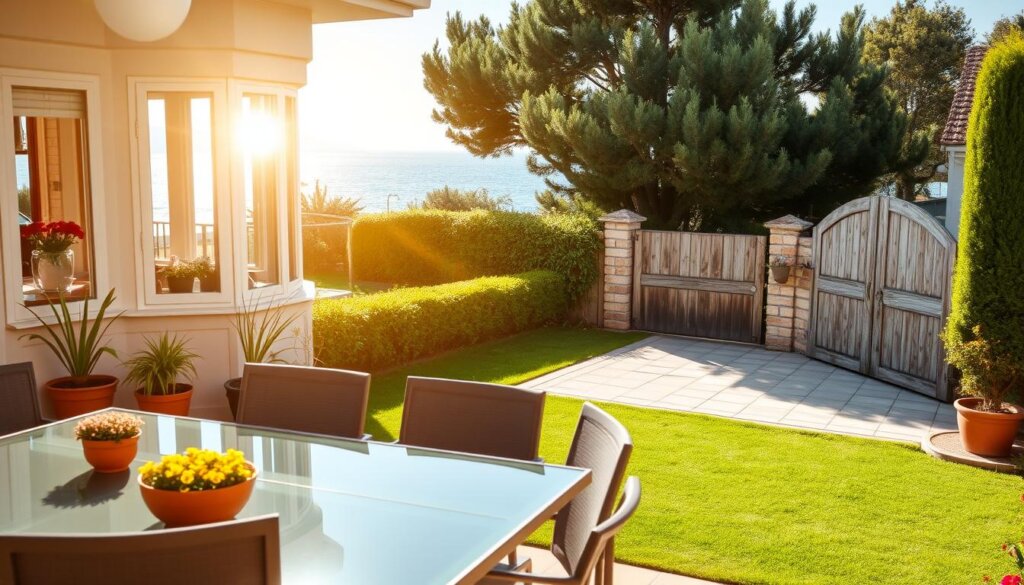 A sun-drenched patio adorned with potted plants and a neatly trimmed hedge, the perfect backdrop for showcasing a well-maintained property in Side, Manavgat. Warm light from a large bay window bathes the scene, highlighting the property's pristine condition. In the foreground, a modern outdoor dining set invites potential buyers to envision themselves entertaining guests. The middle ground features a manicured lawn, complemented by a freshly painted fence and a weathered wooden gate leading to the driveway. In the distance, the azure waters of the Mediterranean Sea glisten, exemplifying the picturesque setting. This image conveys the property's curb appeal and the care taken to prepare it for a successful sale.