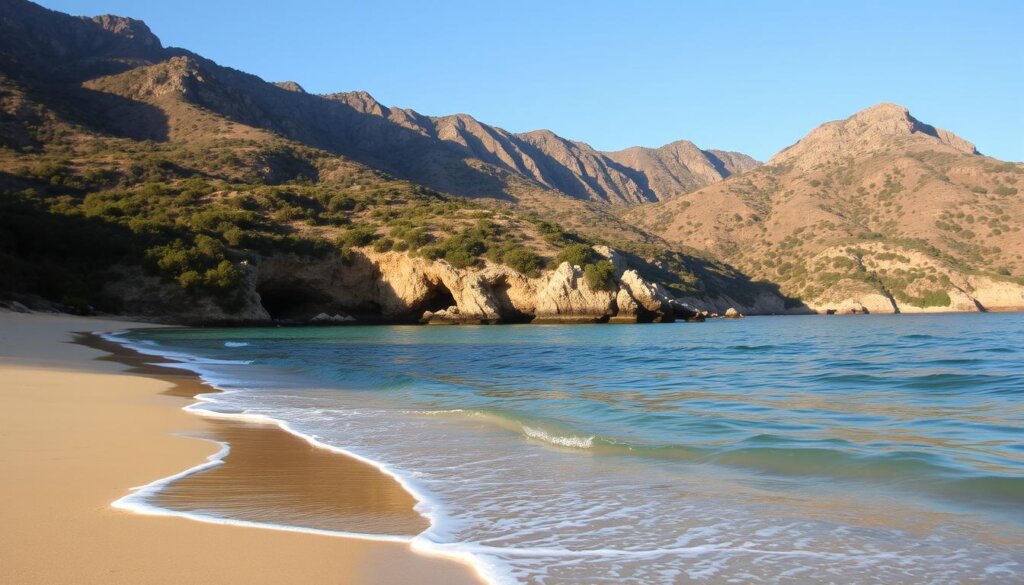 A sun-drenched sandy beach in the foreground, with gentle waves lapping at the shore. In the middle ground, a cluster of hidden coves and rocky outcroppings, their secluded alcoves partially obscured by lush foliage. The background depicts a rugged, mountainous landscape, its slopes casting long shadows across the scene. The lighting is warm and golden, creating a serene, almost dreamy atmosphere. Captured with a wide-angle lens to showcase the contrast between the open beach and the more intimate, tucked-away coves.