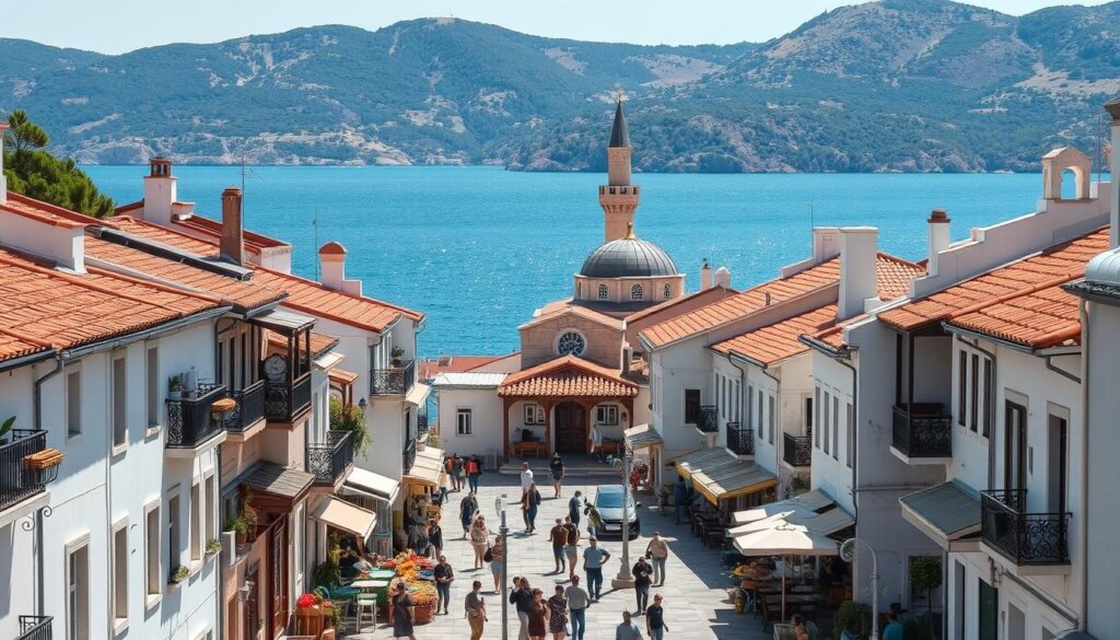 A sun-drenched seaside town in Turkey, Kas is defined by its traditional Anatolian architecture. Quaint whitewashed buildings with tiled roofs and decorative wooden balconies line the narrow, winding streets. In the foreground, locals navigate the bustling central square, filled with the chatter of outdoor cafes and the vibrant hues of fresh produce. In the middle ground, a historic mosque with a distinct minaret towers above the rooftops, casting long shadows. Beyond, the azure waters of the Mediterranean Sea glisten, framed by rugged, pine-covered hills in the distance. The scene evokes a timeless, picturesque charm that captures the essence of Kas and its growing allure as a premier destination for those seeking a taste of authentic Turkish living.