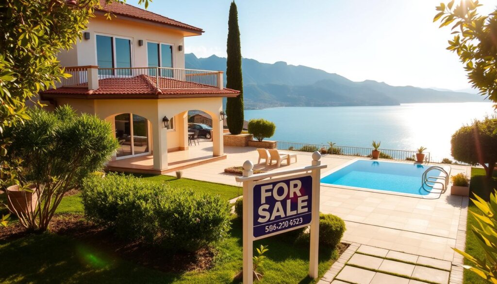 A sun-drenched seaside villa in Fethiye, Turkey, set against the backdrop of the azure Aegean Sea and the majestic Taurus Mountains. The property features a well-manicured garden, a sparkling blue swimming pool, and a spacious terrace with panoramic views. In the foreground, a "For Sale" sign stands prominently, inviting potential buyers to explore this luxurious Mediterranean retreat. The warm, golden light filters through the windows, creating a welcoming and inviting atmosphere. The scene evokes a sense of tranquility and the promise of a relaxed, coastal lifestyle.