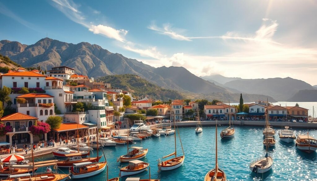 A sun-drenched seaside village nestled against rugged mountains, Kas, Turkey embodies the quintessential Mediterranean lifestyle. In the foreground, a bustling harbor teeming with traditional wooden boats, their brightly colored hulls reflecting the sparkling azure waters. Whitewashed buildings with terracotta-tiled roofs climb the hillsides, their balconies and terraces adorned with cascading bougainvillea blossoms. In the middle ground, locals and visitors stroll along the promenade, sipping Turkish coffee and savoring the fragrant flavors of the region's cuisine. The background is dominated by the majestic Taurus Mountains, their peaks capped with snow and their slopes draped in lush, verdant foliage. Warm, golden sunlight filters through wispy clouds, casting a warm, inviting glow over the entire scene, capturing the essence of Kas' alluring Mediterranean ambiance.