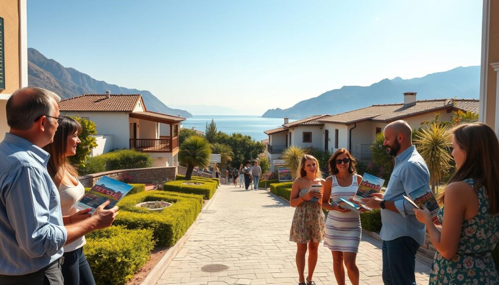A sun-drenched street in the picturesque town of Fethiye, Turkey. In the foreground, a group of real estate agents converse animatedly, highlighting property listings with vibrant brochures. The middle ground features well-manicured gardens and charming Mediterranean-style villas, each with a "For Sale" sign prominently displayed. In the background, the stunning Aegean Sea glistens, framed by rugged mountains. Warm, natural lighting casts a golden glow over the scene, creating a welcoming and inviting atmosphere. The overall composition conveys the expertise and support of local real estate professionals, as well as the desirable property options available in this sought-after coastal region.