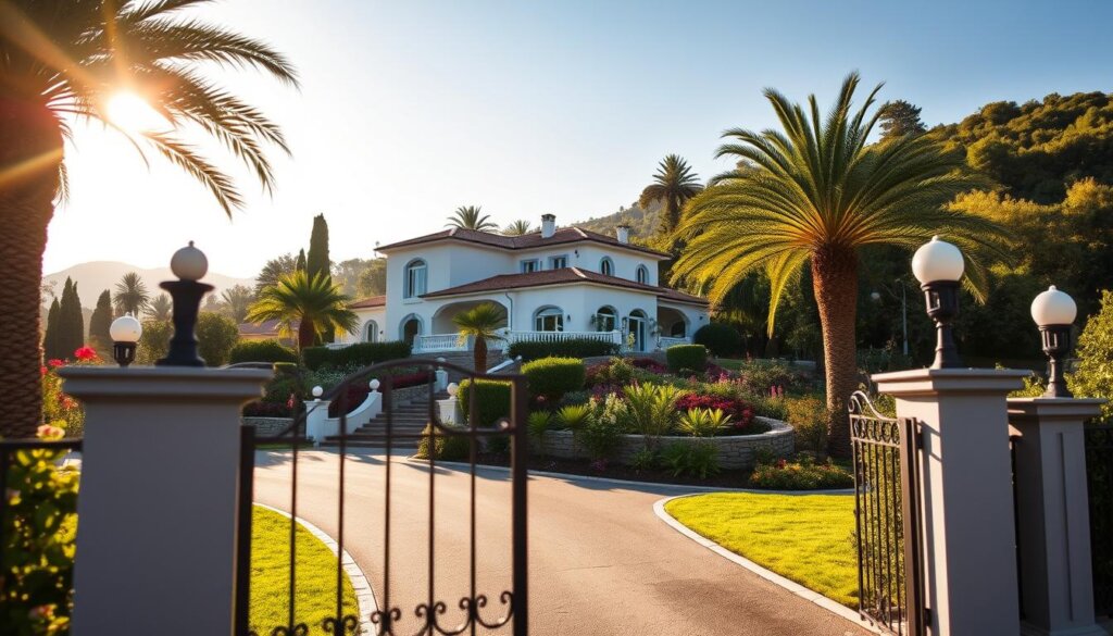 A sun-soaked villa nestled in the lush hills of Antalya, Turkey. The stately, Mediterranean-style structure stands proudly, its white-washed walls and terracotta roof tiles gleaming in the warm afternoon light. Lush, fragrant gardens surround the villa, dotted with palm trees and colorful blooms. In the foreground, a wrought-iron gate hints at the property's boundaries, while a well-maintained driveway leads up to the graceful, arched entrance. The scene conveys a sense of tranquility and exclusivity, promising a life of luxury and leisure for its owners. The image captures the essence of villa ownership in this coveted coastal region, inviting the viewer to imagine the privileges and delights of residing in such a picturesque, private domain.