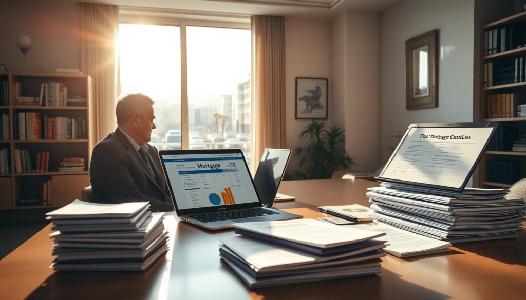 A sunlit office interior with a professional-looking desk, a laptop, and stacks of financial documents. In the foreground, a person in a suit is sitting and reviewing mortgage options on the laptop screen. The background features shelves of books and a large window overlooking the bustling streets of Mersin, Turkey. The lighting is warm and inviting, creating a sense of productivity and focus. The overall atmosphere conveys the process of a foreign buyer researching their financing options for a property investment in Turkey.