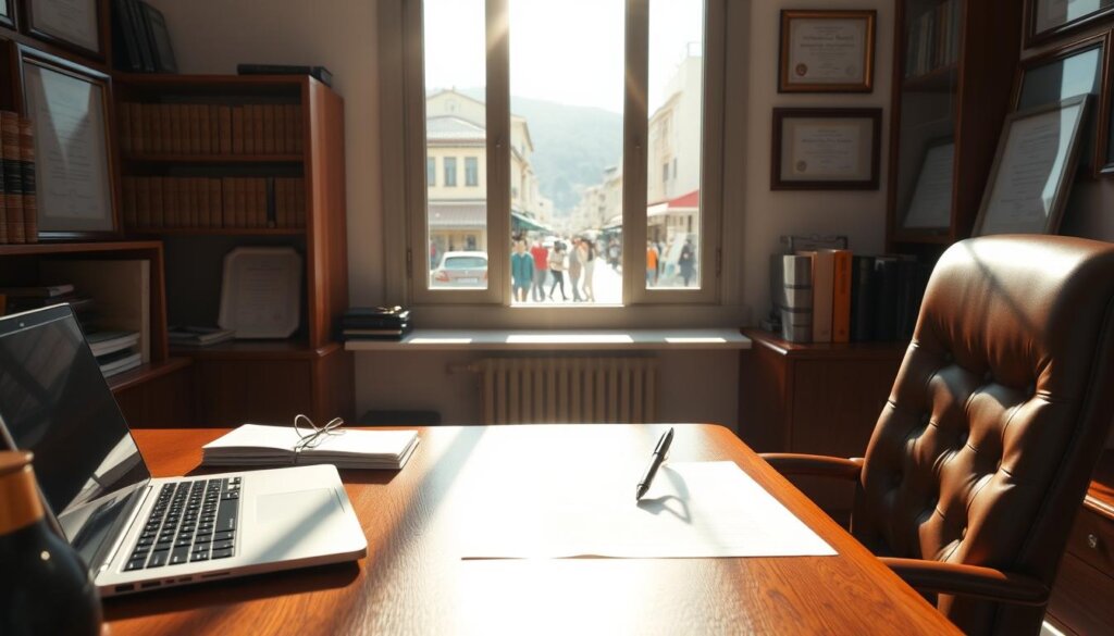 A sunlit office interior, with a professional-looking wooden desk and leather chair. On the desk, a laptop, a stack of legal documents, and a pen poised, ready to sign. Surrounding the desk, shelves of law books and framed certificates on the walls, conveying a sense of expertise and authority. Soft, directional lighting highlights the details, creating a warm, authoritative atmosphere. In the background, a window overlooking the bustling streets of Fethiye, Turkey, suggesting the local context. The overall scene suggests the legal process of property acquisition, with an emphasis on attention to detail, professionalism, and the local environment.