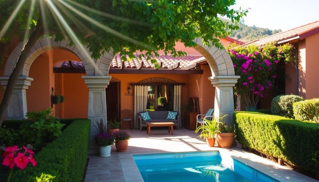 A sunlit villa nestled in the lush greenery of the Turkish countryside, its exterior adorned with vibrant flowers and potted plants. Intricate stone archways frame the entrance, leading to a charming patio with cozy seating arrangements and a shimmering pool. The villa's facade is painted in warm, earthy tones, accentuating its traditional Mediterranean architecture. Neatly trimmed hedges and manicured gardens surround the property, creating a picturesque and inviting atmosphere. Gentle sunlight casts a soft glow over the scene, highlighting the villa's beautifully maintained exterior and creating a welcoming and serene ambiance.