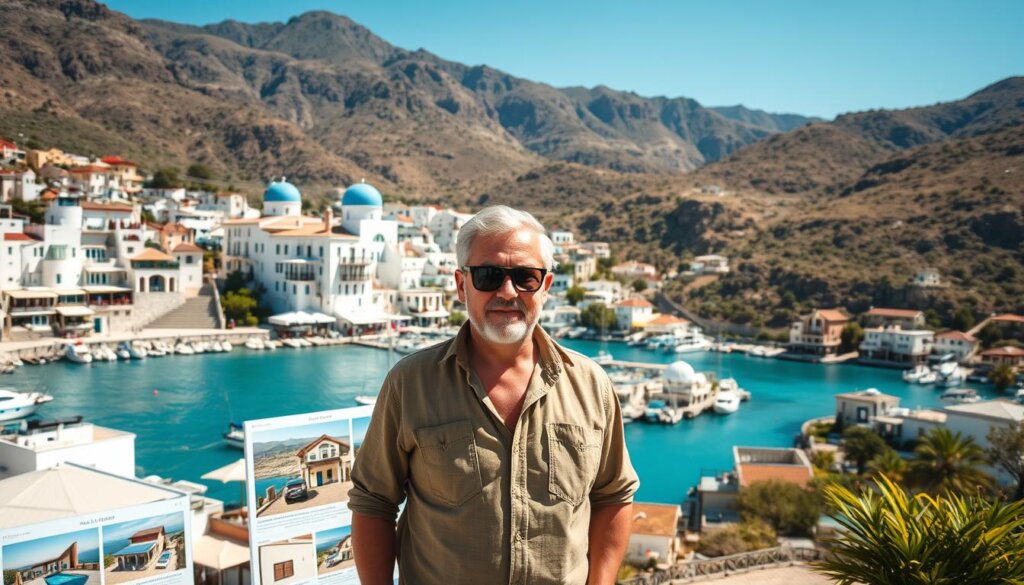 A sunny Aegean coastal town in Turkey, Kalkan is a picturesque paradise known for its real estate market. Set against a backdrop of rugged mountains, the town's whitewashed buildings and blue-domed roofs cascade down to a sparkling turquoise harbor. In the foreground, a local real estate agent stands amidst a display of property listings, highlighting the diverse range of villas, apartments, and land plots available, each with its own captivating view of the Mediterranean. The middle ground showcases a selection of properties, from cozy beachfront cottages to luxurious hilltop residences, offering a glimpse into the varied Kalkan real estate landscape. Bathed in golden sunlight and natural hues, this image conveys the tranquil, idyllic setting that makes Kalkan's real estate an affordable yet coveted investment.