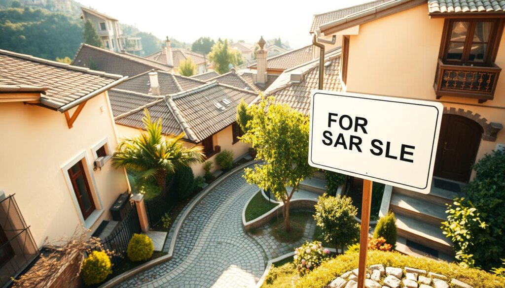 A sunny, high-angle view of a serene Turkish neighborhood, with traditional houses, cobblestone streets, and lush greenery in the background. In the foreground, a "For Sale" sign stands prominently, its text crisp and legible. The scene conveys a sense of tranquility and the promise of a new chapter, reflecting the step-by-step process of selling property in Turkey. The lighting is soft and diffused, creating warm, golden tones that enhance the charm of the scene. The camera angle is slightly elevated, providing a bird's-eye perspective that gives the viewer a comprehensive understanding of the setting. The composition is balanced, with the "For Sale" sign drawing the eye while the surrounding details provide context and atmosphere.