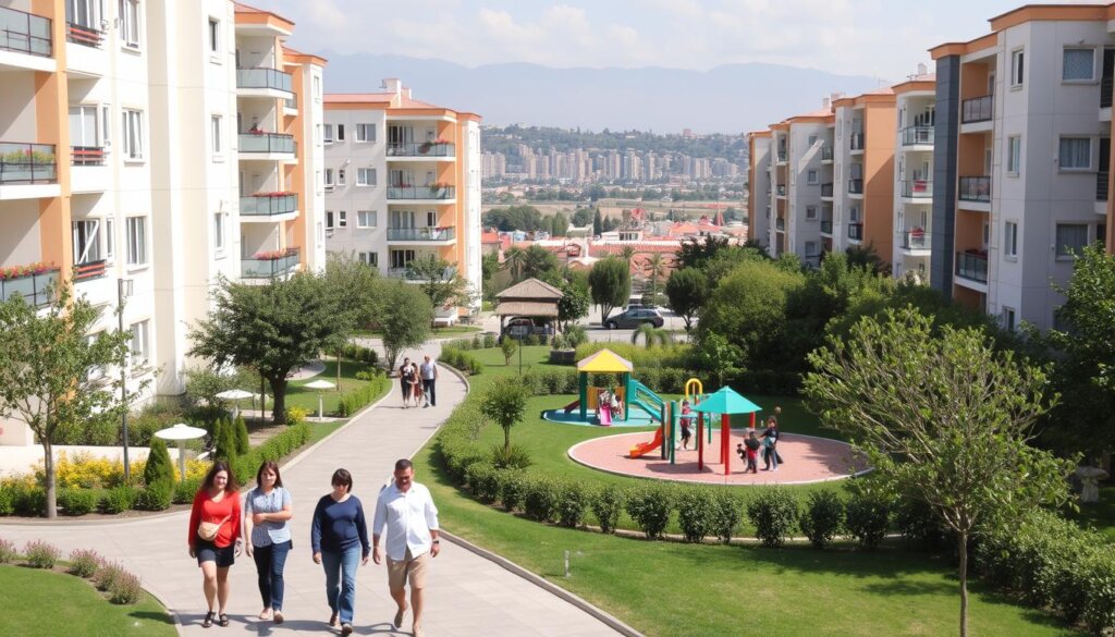 A sunny residential neighborhood in Mersin, Turkey, with modern apartment buildings, well-maintained gardens, and lush trees lining the streets. In the foreground, a group of people strolling on a paved sidewalk, enjoying the vibrant atmosphere. The middle ground features a well-equipped children's playground, with families gathered, creating a sense of community. In the background, the city skyline is visible, hinting at the broader urban landscape. The image is captured with a wide-angle lens, offering a comprehensive view of the property features and local amenities that contribute to the overall appeal of living in Mersin.