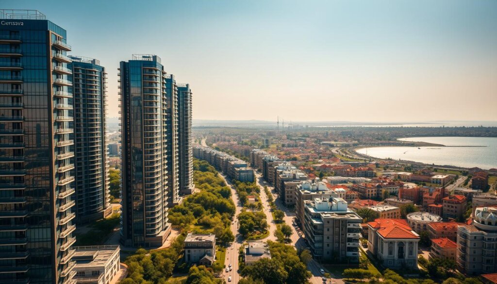 A sweeping aerial view of Mersin's new development projects, capturing the city's dynamic transformation. In the foreground, modern high-rise residential towers rise against a backdrop of lush greenery, their sleek glass facades reflecting the warm Mediterranean sun. The middle ground reveals a network of bustling streets lined with newly constructed commercial and mixed-use buildings, their architectural designs blending traditional and contemporary elements. In the distance, the historic city center and the sparkling blue waters of the Mediterranean Sea provide a captivating contrast, showcasing Mersin's unique blend of old and new. The scene is bathed in a soft, golden light, creating a sense of vibrancy and progress that embodies the city's ongoing development.