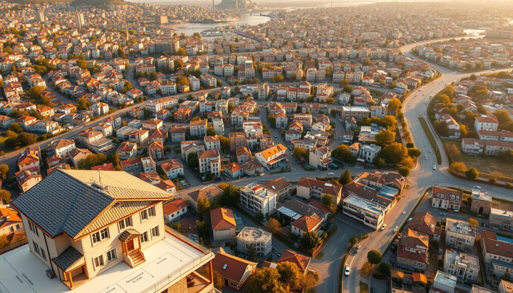 A sweeping aerial view of Turkey's intricate real estate tax system. In the foreground, a detailed illustration of a residential property, its dimensions and features precisely delineated. In the middle ground, a mosaic of individual homes, apartments, and commercial buildings, each tagged with tax assessment data. In the background, a cityscape of Istanbul, its iconic landmarks and winding streets providing context. Warm, golden lighting bathes the scene, evoking the sun-drenched landscapes of the region. The composition conveys a sense of order, organization, and the careful administration of property taxes, reflecting the systematic approach of Turkey's real estate tax framework.