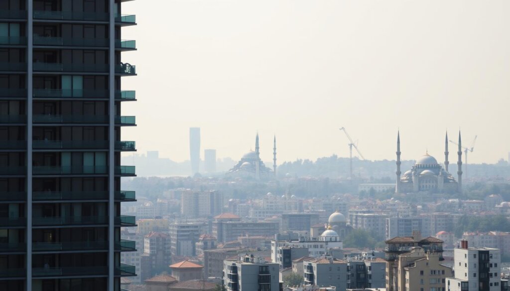A sweeping panoramic view of Istanbul's bustling skyline, with a focus on the city's iconic apartment buildings. The foreground features a modern high-rise with sleek glass facades, its windows reflecting the vibrant colors of the city below. In the middle ground, a mix of traditional Ottoman-style structures and contemporary residential towers dot the landscape, showcasing the diverse architectural styles that define Istanbul's real estate landscape. The background is dominated by the city's iconic landmarks, such as the majestic Hagia Sophia and the towering minarets of the Blue Mosque, set against a hazy, atmospheric sky. The overall scene conveys a sense of urban growth, development, and the evolving nature of Istanbul's thriving real estate market.