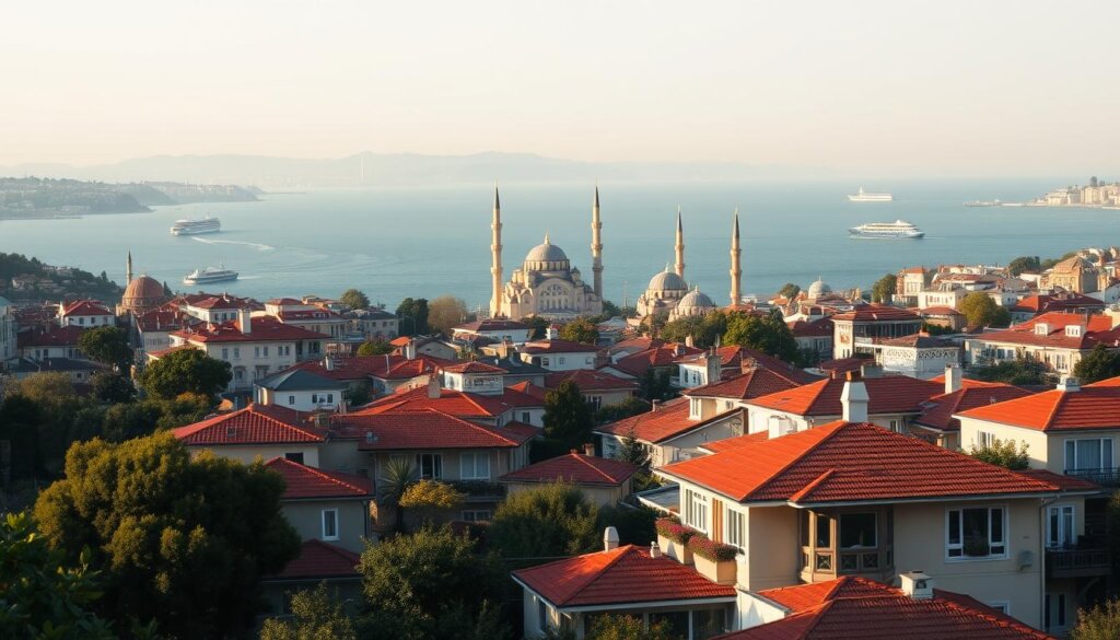 A sweeping vista of Istanbul's Bosphorus-facing neighborhoods, captured with a wide-angle lens at golden hour. In the foreground, lush rows of terra-cotta-roofed townhouses and apartment buildings cascade down gentle slopes, their balconies and terraces adorned with blooming flowers. The middle ground features the iconic silhouettes of Beşiktaş's historic mosques and towers, their domes and minarets glowing warmly in the soft, diffused light. Framing the scene, the shimmering blue waters of the Bosphorus Strait stretch towards the distant, hazy Asian shore, with ferries and fishing boats plying the currents. An atmosphere of timeless urban tranquility and architectural splendor pervades the image.