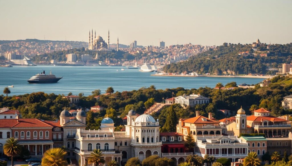 A sweeping vista of Istanbul's iconic skyline on the Bosphorus, with towering minarets and domes, contrasted by the lush, sun-dappled landscapes of Antalya's Mediterranean coastline, dotted with picturesque boutique hotels and luxurious resorts. In the foreground, a selection of accommodations ranging from intimate, design-forward boutique hotels to sprawling, amenity-rich luxury resorts, each capturing the distinctive character and charm of their respective cities. Warm, golden lighting highlights the architectural details and natural beauty, creating an inviting and aspirational atmosphere.