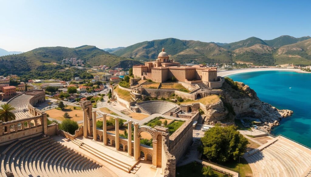 A sweeping vista of historical attractions in the coastal towns of Side Manavgat and Alanya, Turkey. In the foreground, the grand ruins of the ancient Roman theater in Side stand majestically, bathed in warm Mediterranean sunlight. In the middle ground, the iconic Seljuk-era Alanya Castle perches atop a dramatic rocky outcrop, overlooking the azure waters of the Mediterranean. In the background, the lush green hills and palm-fringed beaches of both destinations create a picturesque contrast. The scene evokes a sense of timeless wonder, inviting the viewer to explore the rich historical legacies of these captivating Turkish coastal towns.