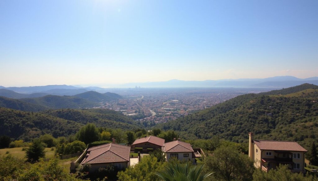 A sweeping vista of rolling hills and vibrant greenery, with the sun casting a warm, golden glow over the landscape. In the foreground, a series of distinct villa properties, each with its own unique architectural style and character. In the middle ground, a bustling town center teeming with life, its colorful buildings and winding streets a stark contrast to the serene natural surroundings. In the distance, a panoramic view of other Turkish regions, their skylines stretching out to the horizon, offering a comparative perspective on the value and appeal of the Fethiye property market. The scene is captured through the lens of a high-quality camera, showcasing the exceptional natural beauty and diverse real estate options that Fethiye has to offer.