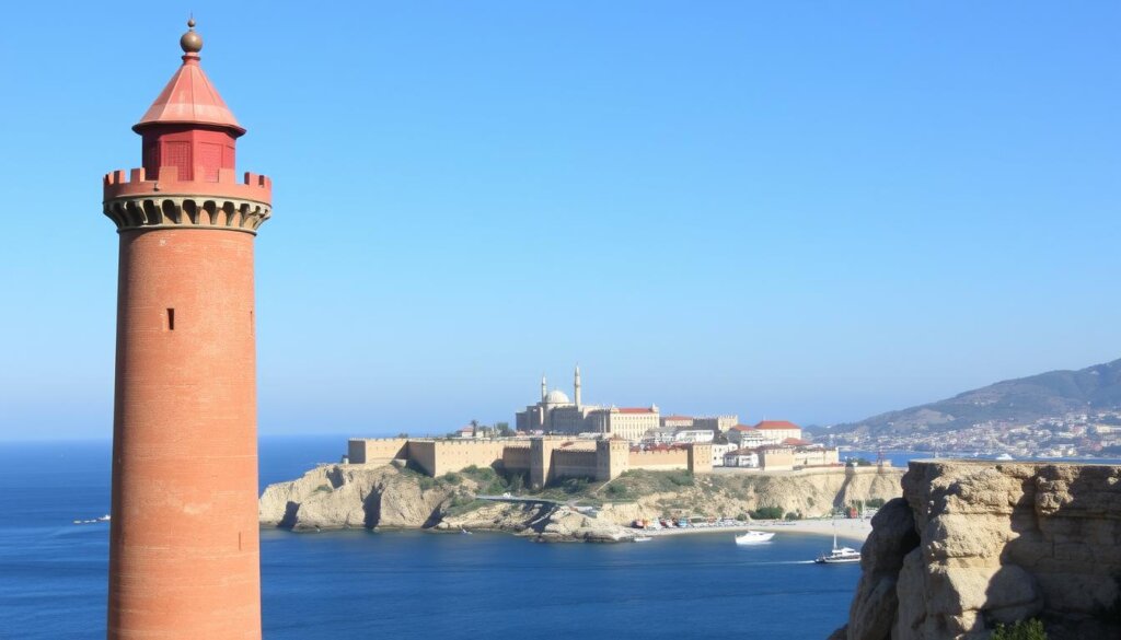 A towering red fortress stands majestically against a clear azure sky, its weathered walls and crenelated turrets casting dramatic shadows across the surrounding cliffs. In the foreground, the iconic Red Tower of Alanya rises proudly, its vibrant crimson hue gleaming in the warm Mediterranean sunlight. The middle ground reveals the sprawling Seljuk-era castle, its intricate architecture and defensive structures blending seamlessly with the rugged coastal landscape. In the background, the deep blue waters of the Alanya Harbor stretch out to the horizon, dotted with fishing boats and yachts. The scene evokes a sense of timeless grandeur, a testament to the rich history and enduring legacy of this captivating Turkish destination.