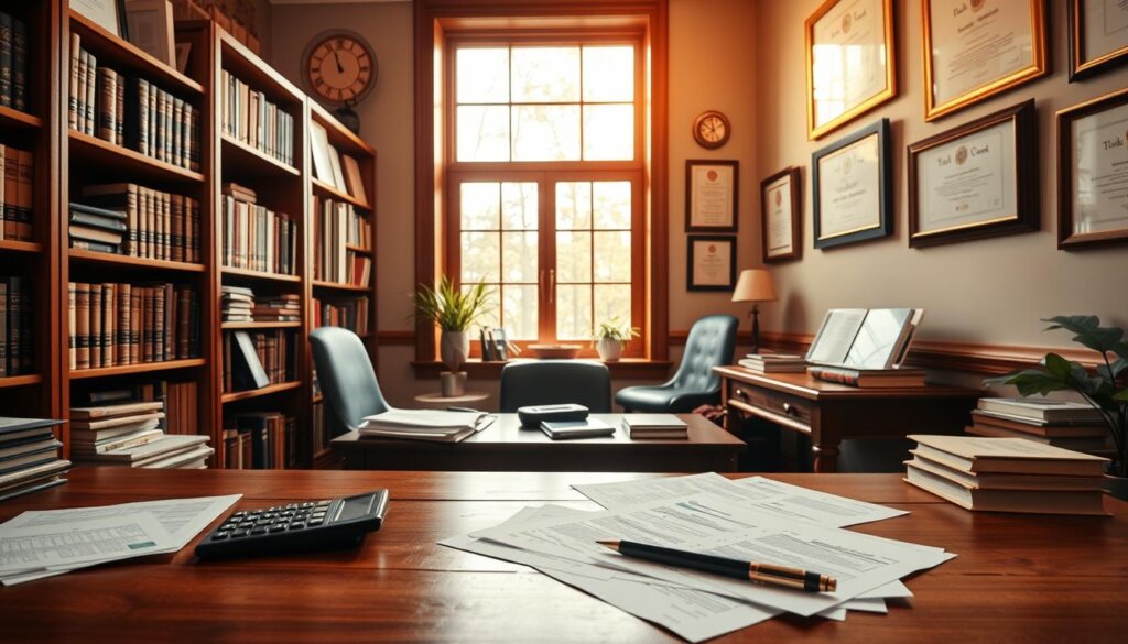 A tranquil office scene showcasing various tax exemptions and deductions. In the foreground, a wooden table with a calculator, pen, and scattered financial documents. Bookshelves line the middle ground, filled with tax code reference books. Warm, natural lighting filters through a large window, casting a cozy glow over the space. The background features framed certificates and awards, indicating the expertise of the tax professional. The overall atmosphere is one of thoughtful organization and financial diligence, reflecting the importance of understanding tax-related exemptions and deductions.