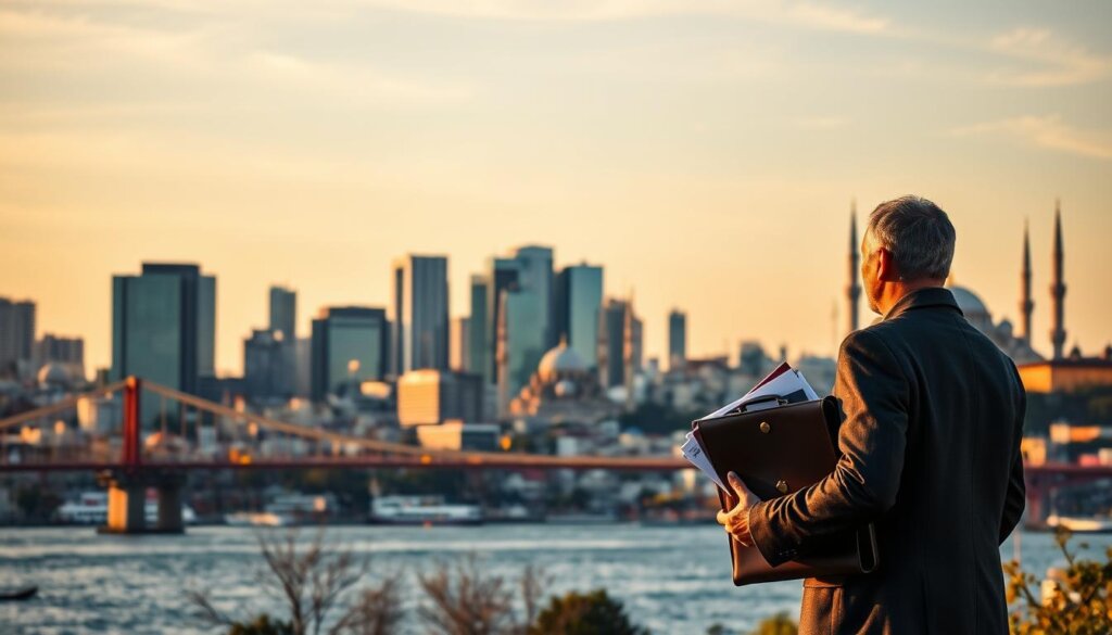 A vibrant Turkish skyline, with the iconic Bosphorus Bridge spanning the strait. In the foreground, a successful investor gazes at the bustling financial district, clutching a briefcase filled with investment documents. The middle ground features towering skyscrapers, their glass facades gleaming in the warm, golden light of the setting sun. In the background, the silhouettes of the historic Hagia Sophia and Blue Mosque stand as reminders of Turkey's rich cultural heritage. The scene exudes a sense of prosperity, modernity, and the promise of investment success.