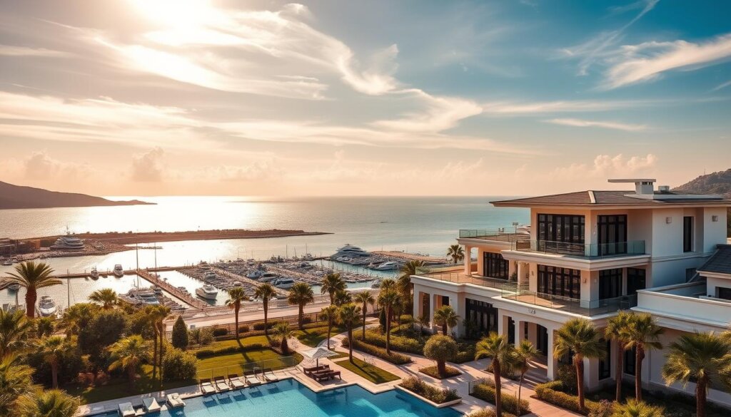 A vibrant and prosperous seaside resort in Belek, Turkey, showcasing the investment success stories of savvy homebuyers. A grand, modern villa commands the foreground, its sleek architectural design and lush landscaping radiating an air of affluence. In the middle ground, a picturesque marina bustles with yachts and pleasure boats, while the distant horizon is dotted with towering palm trees and a gleaming, azure Mediterranean Sea. Warm, golden sunlight filters through wispy clouds, casting a serene, aspirational glow over the entire scene. This image captures the essence of Belek's thriving real estate market and the rewarding experiences of those who have invested in this captivating Turkish destination.