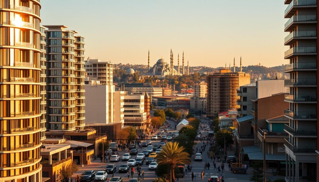 A vibrant, bustling cityscape of Istanbul's thriving real estate market. In the foreground, a cluster of modern high-rise apartment buildings with sleek, glass facades glimmering in the afternoon sunlight. In the middle ground, bustling streets lined with real estate agencies, construction sites, and prospective buyers inspecting properties. In the background, the iconic silhouette of historic landmarks like the Hagia Sophia and the Blue Mosque, a testament to the city's rich cultural heritage. The scene is infused with a sense of energy and growth, capturing the dynamic nature of Istanbul's vibrant real estate landscape. The lighting is warm and inviting, casting a golden glow over the entire scene. The camera angle is slightly elevated, providing a birds-eye view that emphasizes the scale and scope of the development.