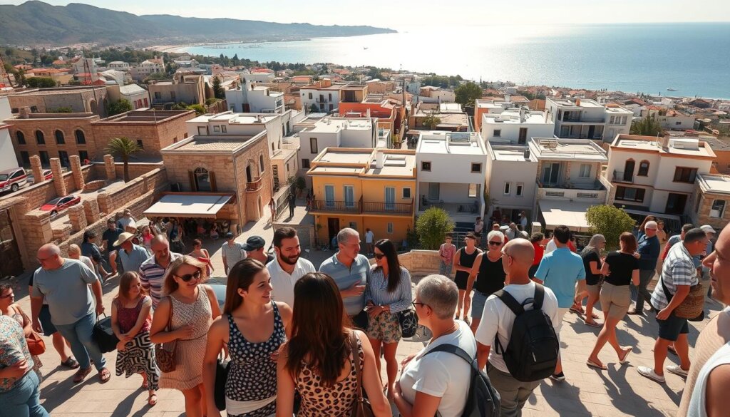 A vibrant cityscape in Side, Turkey, during the peak rental season. The sun casts a warm glow over the bustling streets, filled with tourists exploring the ancient ruins and modern beachfront villas. In the foreground, a group of families eagerly inquires about short-term rental options, their excitement palpable. The middle ground showcases the variety of rental properties, from traditional stone houses to sleek, contemporary apartments. In the distance, the shimmering Mediterranean Sea provides a picturesque backdrop, hinting at the allure of this seaside destination. Crisp, high-resolution imagery captured with a wide-angle lens, conveying the dynamic nature of the Side rental market.