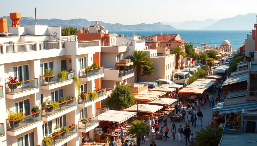 A vibrant cityscape of Kas, Turkey, bathed in warm Mediterranean light. In the foreground, a row of modern apartment buildings, their balconies adorned with potted plants. In the middle ground, a bustling street market, vendors haggling over prices of local produce and handcrafted goods. In the background, the turquoise waters of the Aegean Sea and the silhouette of distant hills. The scene exudes an air of lively commerce, hinting at the potential rental income opportunities available to savvy apartment owners in this picturesque coastal town.