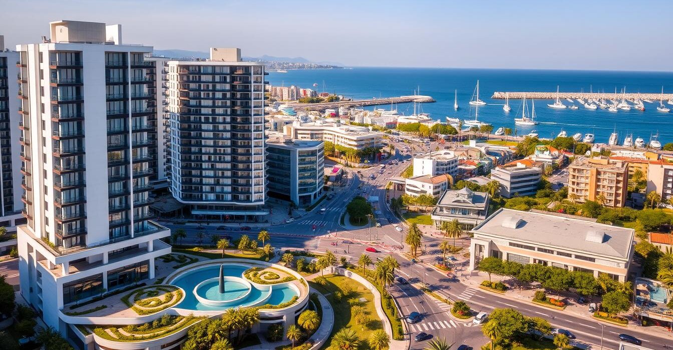 A vibrant cityscape of Mersin, Turkey, showcasing modern high-rise buildings, bustling streets, and a picturesque harbor. The foreground features a luxurious residential complex with sleek, contemporary architecture, lush greenery, and a serene water feature. In the middle ground, a busy commercial district with a mix of shops, restaurants, and office buildings, all bathed in warm, golden sunlight. The background reveals the sparkling Mediterranean Sea, with sailboats and yachts dotting the horizon. The overall scene conveys a sense of prosperity, investment, and a thriving real estate market in Mersin.