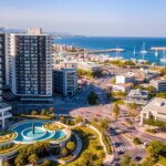 A vibrant cityscape of Mersin, Turkey, showcasing modern high-rise buildings, bustling streets, and a picturesque harbor. The foreground features a luxurious residential complex with sleek, contemporary architecture, lush greenery, and a serene water feature. In the middle ground, a busy commercial district with a mix of shops, restaurants, and office buildings, all bathed in warm, golden sunlight. The background reveals the sparkling Mediterranean Sea, with sailboats and yachts dotting the horizon. The overall scene conveys a sense of prosperity, investment, and a thriving real estate market in Mersin.