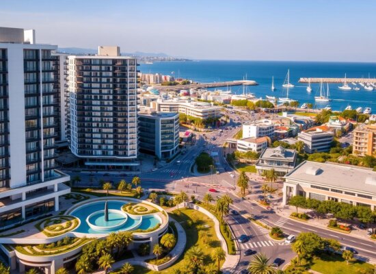 A vibrant cityscape of Mersin, Turkey, showcasing modern high-rise buildings, bustling streets, and a picturesque harbor. The foreground features a luxurious residential complex with sleek, contemporary architecture, lush greenery, and a serene water feature. In the middle ground, a busy commercial district with a mix of shops, restaurants, and office buildings, all bathed in warm, golden sunlight. The background reveals the sparkling Mediterranean Sea, with sailboats and yachts dotting the horizon. The overall scene conveys a sense of prosperity, investment, and a thriving real estate market in Mersin.