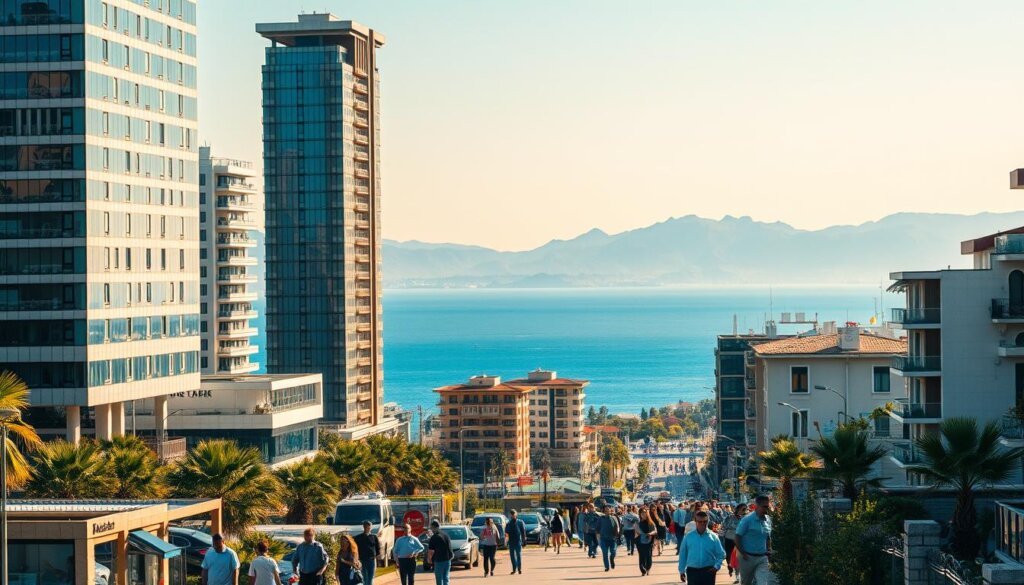 A vibrant cityscape of Mersin's bustling real estate market, captured in a wide-angle lens with a cinematic aesthetic. In the foreground, modern high-rise buildings and residential complexes stand tall, their sleek glass facades reflecting the warm Mediterranean sun. The middle ground features a lively street scene, with people browsing property listings, negotiating deals, and discussing investments. In the background, the serene blue waters of the Mediterranean Sea and the hazy silhouettes of the Taurus Mountains create a picturesque backdrop, evoking a sense of coastal tranquility. The scene is bathed in a warm, golden light, creating a welcoming and inviting atmosphere that captures the essence of Mersin's thriving real estate market.