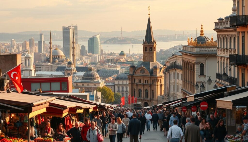 A vibrant cityscape with bustling streets, showcasing the cost of living contrast between Turkey and Spain. In the foreground, a lively Turkish marketplace with colorful stalls, vendors, and shoppers haggling over prices. In the middle ground, towering skyscrapers of modern Istanbul contrast with the historic architecture of Spain's Madrid, representing the varying economic landscapes. The background features a panoramic view of the two cities, with the Bosphorus Strait separating Istanbul and the Manzanares River cutting through Madrid. Warm, golden lighting illuminates the scene, creating a dynamic and engaging visual comparison of the cost of living in these two Mediterranean countries.