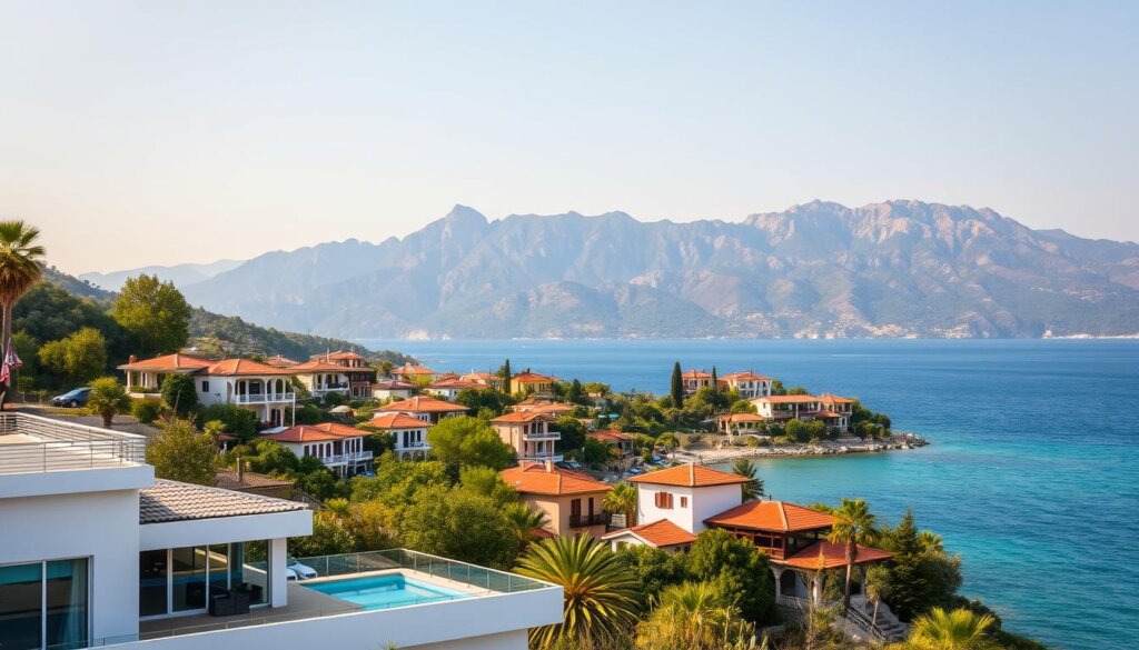 A vibrant coastal landscape in Fethiye, Turkey, showcasing a diverse array of property options. In the foreground, a modern villa with a white-washed facade and a terrace overlooking the sparkling turquoise waters of the Mediterranean. In the middle ground, a cluster of traditional Turkish townhouses with terra-cotta roofs and ornate balconies, nestled among lush, verdant hills. In the background, the majestic Taurus Mountains rise, their rugged peaks painted with a warm, golden glow from the setting sun. The scene is bathed in a soft, diffused light, creating a serene and inviting atmosphere that captures the essence of Fethiye's diverse and picturesque real estate options.