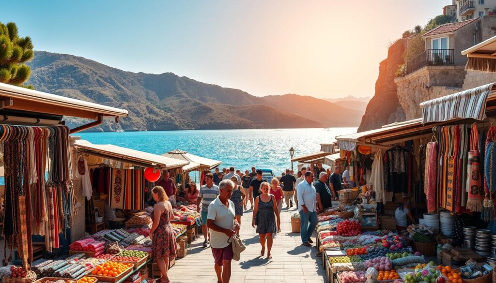 A vibrant open-air market in the seaside town of Kas, Turkey. In the foreground, rows of colorful market stalls offer a diverse array of local wares - handcrafted textiles, fresh produce, and artisanal goods. Shopkeepers beckon passersby, their friendly calls echoing through the bustling scene. The middle ground features a mix of locals and tourists browsing the stalls, their lively interactions and bargaining creating a lively atmosphere. In the background, the turquoise waters of the Mediterranean shimmer under a warm, golden sun, with the rugged, pine-dotted hills of Kas providing a scenic backdrop. The overall mood is one of cultural immersion, commercial activity, and the charming ambiance of a thriving coastal community.