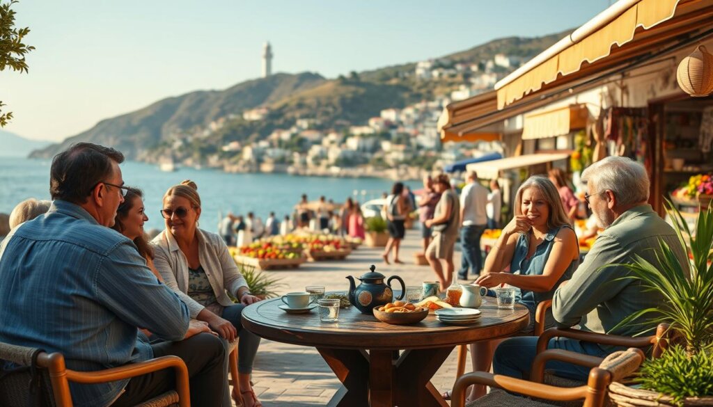 A vibrant outdoor scene in Kalkan, Turkey, capturing the essence of local life. In the foreground, a group of locals gather around a traditional Turkish tea table, engaged in lively conversation, sipping fragrant tea and savoring local delicacies. The middle ground features a bustling marketplace, with vendors showcasing an array of handcrafted goods, fresh produce, and artisanal wares. In the background, the stunning Mediterranean coastline and hillsides dotted with charming whitewashed villas create a picturesque backdrop. Warm, natural lighting bathes the scene, lending a cozy, inviting atmosphere. The overall composition conveys a sense of cultural authenticity, warm hospitality, and the unique charms of the Kalkan region.