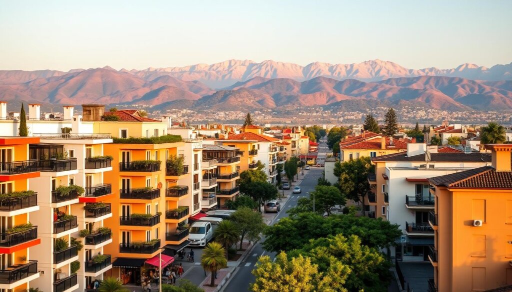 A vibrant, panoramic view of Alanya's residential districts, showcasing the diverse neighborhoods of Cikcilli, Oba, and Tosmur. In the foreground, modern apartment buildings with distinctive Mediterranean architecture stand proud, their balconies adorned with lush greenery. The middle ground reveals bustling streets lined with local shops and cafes, capturing the lively spirit of the community. In the distance, the breathtaking Taurus Mountains rise majestically, their peaks capped with a soft glow from the warm, golden afternoon sun. The scene is bathed in a warm, inviting atmosphere, highlighting the charm and allure of these thriving Alanya neighborhoods.