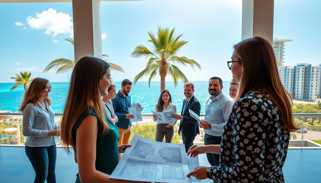 A vibrant real estate marketing scene in Belek, Turkey. In the foreground, a group of enthusiastic property agents present floor plans and images to potential homebuyers under the warm glow of natural lighting. The middle ground showcases a scenic seaside view with palm trees swaying gently in the breeze. In the background, modern high-rise residential buildings overlook the sparkling turquoise waters of the Mediterranean. The atmosphere conveys a sense of excitement, opportunity, and the luxurious coastal lifestyle that Belek is known for. Captured with a wide-angle lens to emphasize the dynamic energy and picturesque setting.
