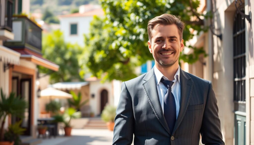 A warm, inviting real estate agent standing in the charming streets of Kalkan, Turkey. They are dressed professionally in a tailored suit, exuding confidence and expertise. In the background, the picturesque Mediterranean architecture and lush greenery create a serene, idyllic atmosphere. Soft, natural lighting illuminates the scene, highlighting the agent's welcoming demeanor. The camera angle is slightly elevated, conveying a sense of authority and trustworthiness. The overall mood is one of professionalism, competence, and a deep understanding of the local real estate market.
