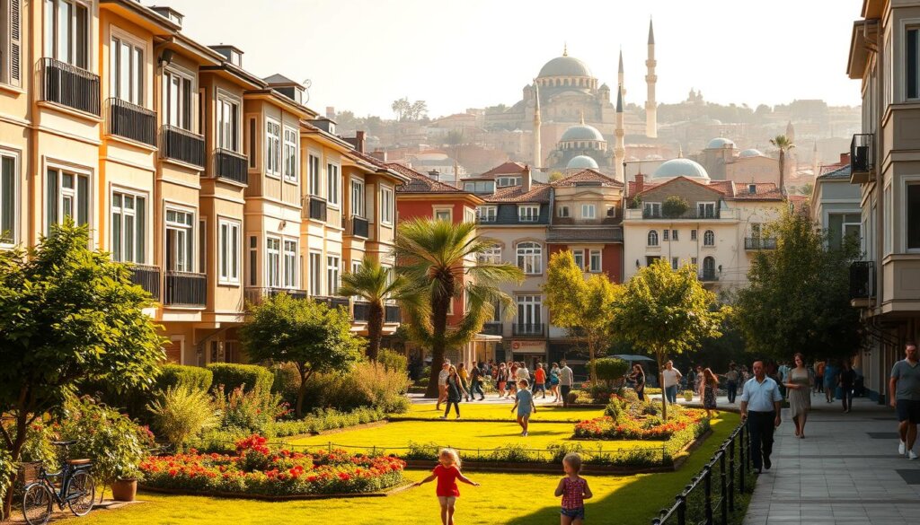 A warm, sun-drenched Istanbul neighborhood, with a row of well-maintained family apartment buildings lining the street. In the foreground, a peaceful courtyard with children playing, surrounded by lush greenery and colorful flowers. The apartments feature large, bright windows, balconies, and inviting facades, conveying a sense of comfort, space, and practicality. In the middle ground, people of all ages stroll along the sidewalk, going about their daily lives. In the background, the iconic domes and minarets of Istanbul's historic skyline rise up, creating a harmonious blend of modern and traditional architecture. The scene is illuminated by soft, golden light, evoking a welcoming, family-friendly atmosphere.
