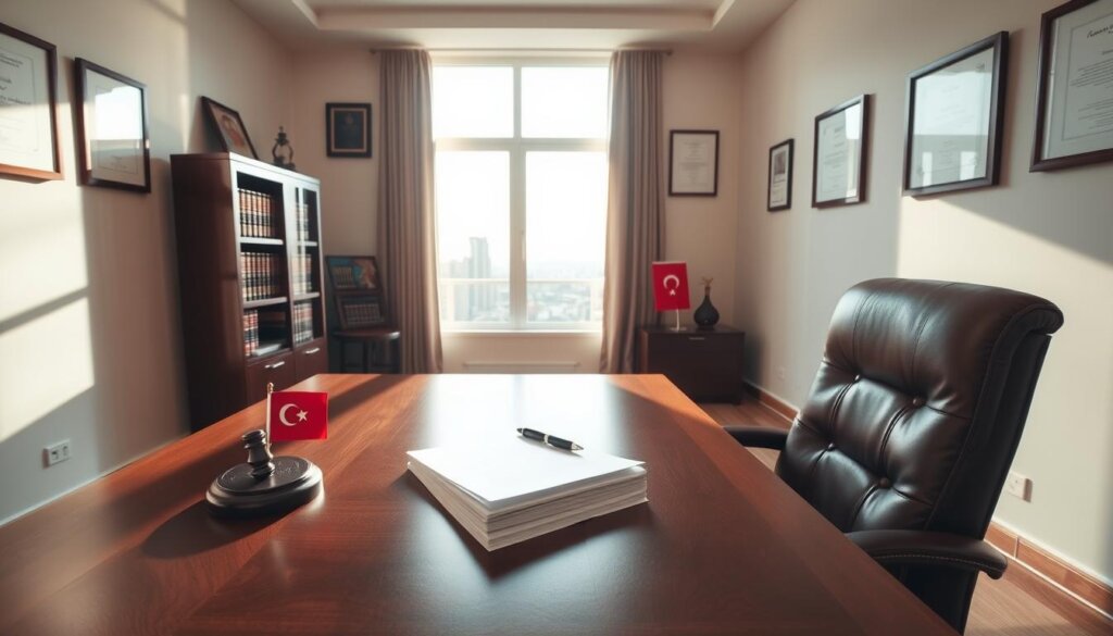 A warm, sun-lit office interior with a large wooden desk and leather chair in the foreground. On the desk, a stack of legal documents, a pen, and a Turkish flag paperweight. In the middle ground, a bookshelf filled with law books, and a window overlooking the cityscape of Mersin. The walls are adorned with framed certificates and awards, conveying an atmosphere of professionalism and expertise. Soft, directional lighting casts subtle shadows, creating a sense of depth and dimension. The overall mood is one of calm, efficiency, and the trusted guidance of a real estate legal professional.
