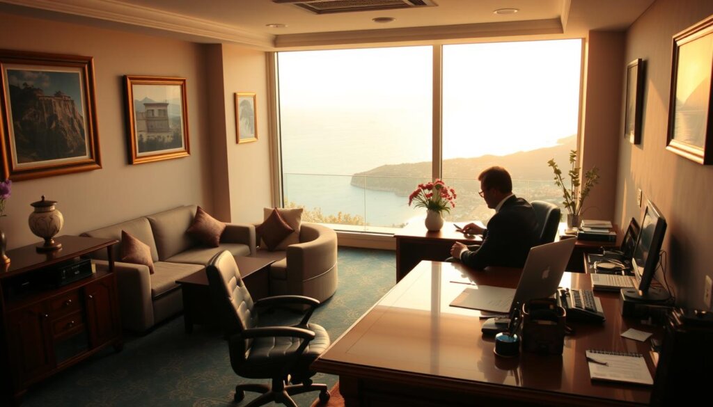 A well-appointed real estate office in Fethiye, Turkey. In the foreground, a real estate expert sits at a polished wooden desk, engaged in deep discussion with a client. The middle ground features a tasteful combination of modern and traditional Turkish decor, including plush seating areas and framed artwork on the walls. The background reveals a panoramic view of the stunning Fethiye coastline, with the turquoise waters of the Mediterranean Sea glimmering in the warm, golden light of the afternoon sun. The overall atmosphere conveys a sense of expertise, professionalism, and the unique allure of Fethiye's vibrant real estate market.
