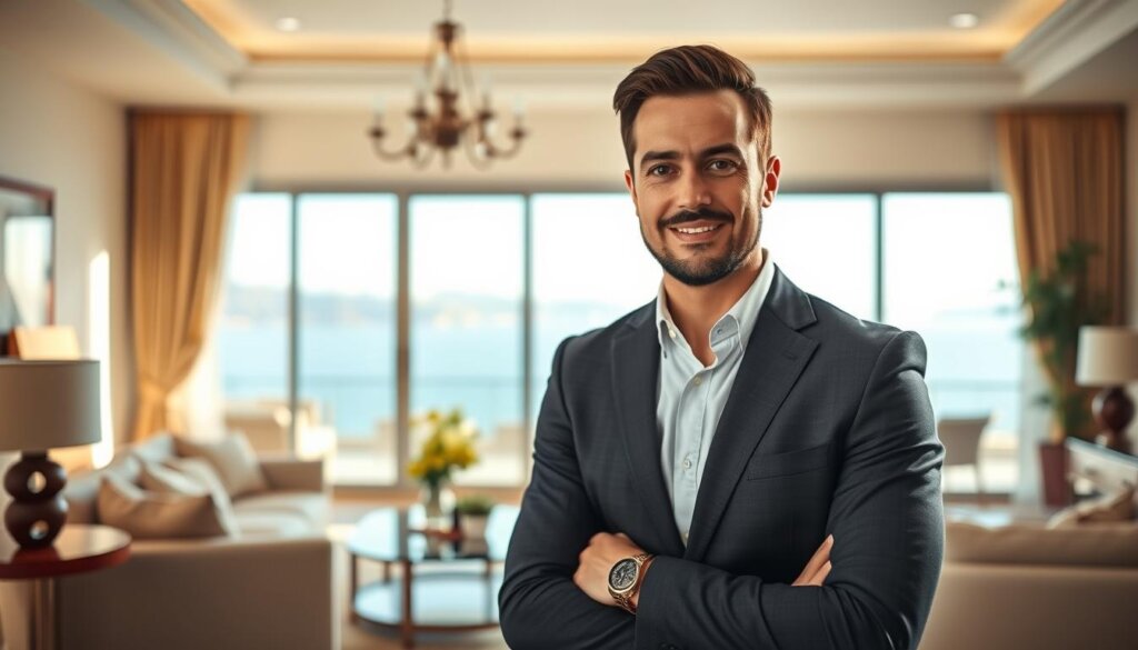 A well-dressed Belek estate agent standing confidently in a luxurious, sun-filled living room, surrounded by high-end furnishings and decor. The agent's expression conveys expertise and trustworthiness, their posture projecting authority and professionalism. The room's large windows offer a scenic view of the Belek coastline in the background, hinting at the desirable properties the agent represents. Soft, warm lighting creates an inviting atmosphere, while a shallow depth of field keeps the focus on the central figure. The image conveys the idea of a talented, experienced real estate professional who can expertly guide clients through the process of selling their Belek property.