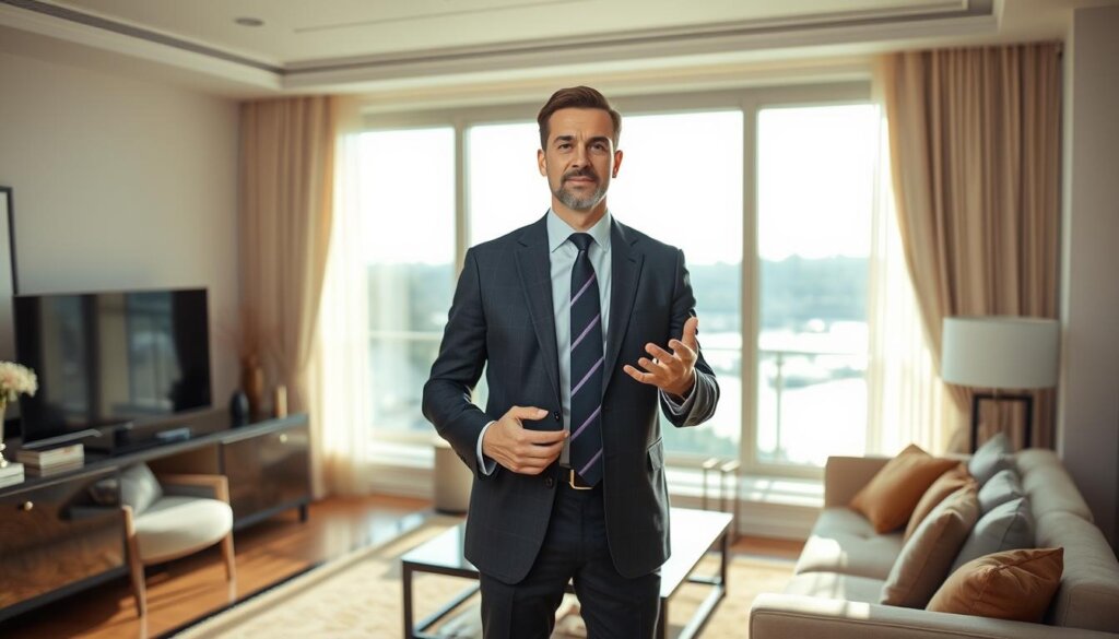 A well-dressed, experienced Turkish real estate agent stands in a high-end apartment, gesturing toward a large floor-to-ceiling window overlooking the Bosphorus Strait. Soft, natural lighting fills the room, creating a warm, inviting atmosphere. The agent's expression is one of expertise and authority, conveying a sense of insider knowledge about the Turkish property market. The background features luxurious furnishings and decor, hinting at the quality of properties available. The overall scene suggests the guidance and insider tips an expert could provide to someone considering a property investment in Turkey.
