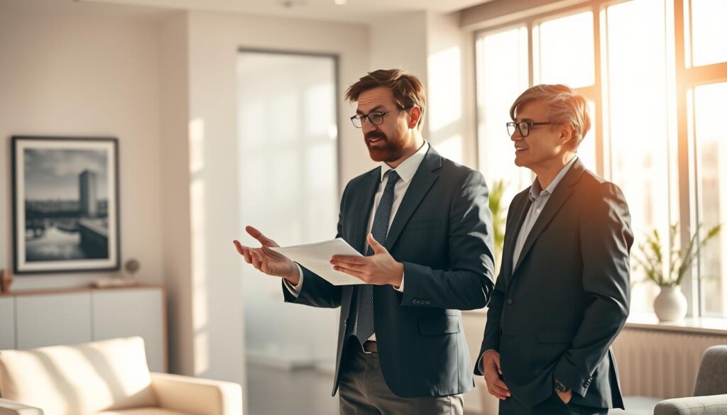 A well-dressed professional real estate consultant stands in a modern, sun-filled office, gesturing animatedly as they discuss property details with a client. The consultant's expression conveys expertise and earnestness, their hands pointing to documents and digital displays. Soft, warm lighting fills the space, creating an atmosphere of trust and authority. The client, appearing engaged and attentive, leans forward, eager to receive the consultant's insights. The room is tastefully appointed, with minimalist furniture and artworks that suggest an upscale, prestigious setting for high-level property consultation.