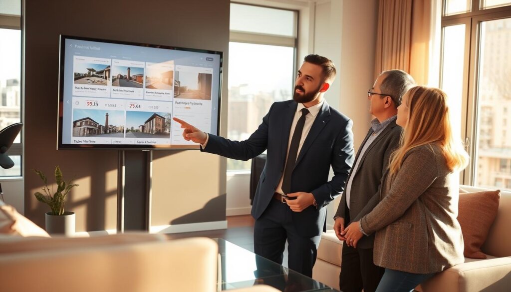 A well-dressed real estate agent, Aydın Çakır, provides personalized consultation to a couple in a modern, sun-lit office. Aydın gestures towards a large display screen showcasing detailed property listings and market data. The couple listens intently, their expressions conveying a sense of trust and confidence in Aydın's expertise. The office features sleek, minimalist furniture and decor, creating a professional yet inviting atmosphere. Warm, diffused lighting from large windows illuminates the scene, highlighting Aydın's attentive demeanor and the couple's engaged body language. An air of collaboration and tailored guidance permeates the interaction, reflecting Aydın's commitment to delivering a premium, personalized real estate consultation experience. A well-dressed real estate agent, Aydın Çakır, provides personalized consultation to a couple in a modern, sun-lit office. Aydın gestures towards a large display screen showcasing detailed property listings and market data. The couple listens intently, their expressions conveying a sense of trust and confidence in Aydın's expertise. The office features sleek, minimalist furniture and decor, creating a professional yet inviting atmosphere. Warm, diffused lighting from large windows illuminates the scene, highlighting Aydın's attentive demeanor and the couple's engaged body language. An air of collaboration and tailored guidance permeates the interaction, reflecting Aydın's commitment to delivering a premium, personalized real estate consultation experience.