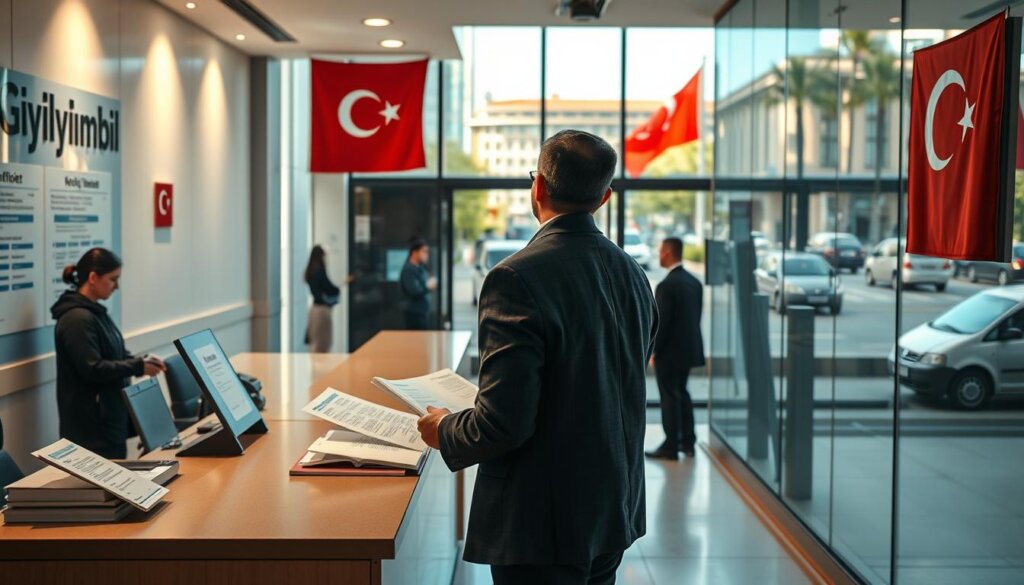 A well-lit, detailed scene of the GIYKIMBIL registration process in Turkey. In the foreground, a person stands at a government office counter, filling out forms and handing over documents. The middle ground shows a modern, clean interior with a waiting area and informational signage. In the background, the exterior of the building can be seen, with a Turkish flag waving and a busy street scene beyond. Warm, natural lighting casts a welcoming atmosphere, and the composition suggests an efficient, professional process. The overall impression is one of a straightforward, bureaucratic yet cooperative government service.